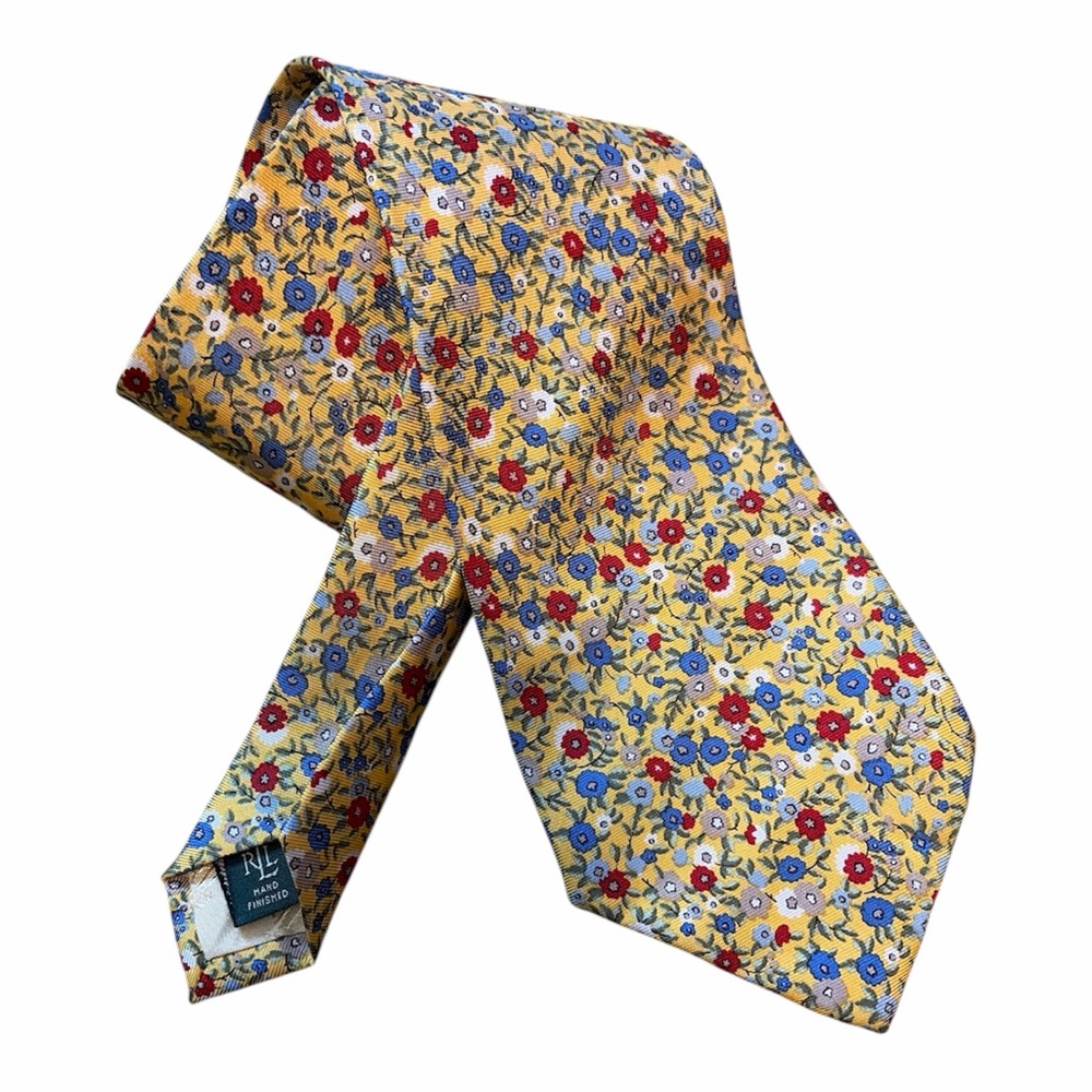 Vintage Ralph Lauren Yellow Blue Red Floral Silk Tie USA